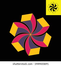 3d logo depicting 6 long boxes arranged to resemble a spiral hexagon. Vector logo with 3 soft colors in Eps 8.