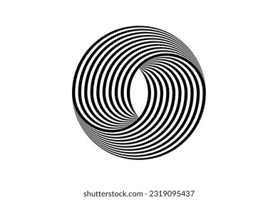 3D logo design abstract black and white circles, geometric pattern with visual distortion effect. Illusion of rotation. Op art. Vector isolated on white background 