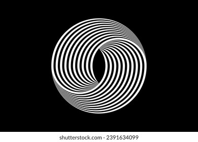 Diseño del logotipo 3D: círculos negros y blancos abstractos, patrón geométrico con efecto de distorsión visual. Ilusión de rotación. Op art. Vector aislado en fondo negro 