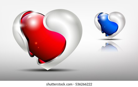 3d logo glossy hearts with silver framing outside in red and blue tones.