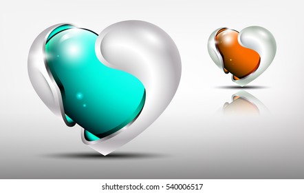 3d logo glossy hearts with silver framing outside in turquoise and carrot  tones.