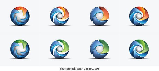 3D Logo Icon Set in Blue Orange and Green Color