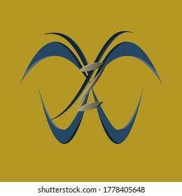 the 3D logo illustration is made of the letter xyz forming a butterfly . yellow background , dark object . object pointed