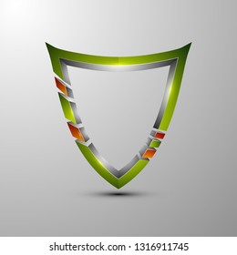 3d logo protection shield divided into colored sections.Orange green