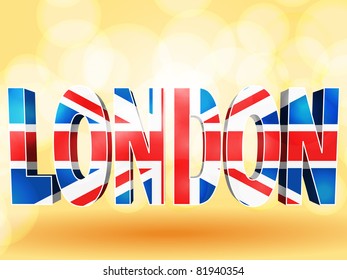 3d 'London' made from a union jack on an orange background with lens flares