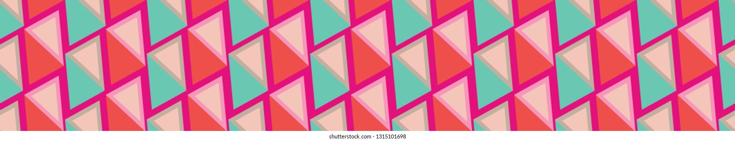 3d look triangles appear shiny and plastic looking in this seamless repeat geometric border. Vector design in a brilliant turquoise green, bright orange and hot pink. Trendy zine culture colors.