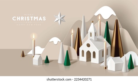 3D looking Christmas background with paper cutout mountains, cone trees, burning candles and porcelain houses.