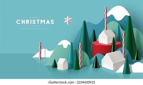 3D looking Christmas background with paper cutout mountains, cone trees, candy canes and porcelain houses.