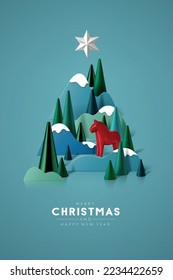 3D looking Christmas background with paper cutout mountains, cone trees and red Dala horse. Christmas tree composition.    
