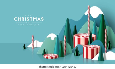 3D looking Christmas background with paper cutout mountains, cone trees, mint candies and candy canes.  