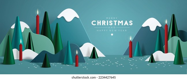 3D looking Christmas background with paper cutout mountains, cone trees and burning candles. 