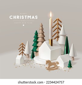 Fondo de Navidad con aspecto 3D, con árboles de madera y vidrio, mecedoras, casas de porcelana y velas ardientes.  