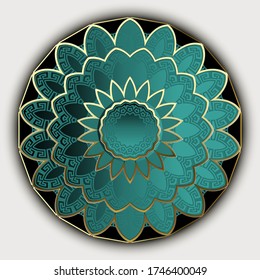 3d lotus flower. Floral ornamental mandala pattern. Vector beautiful background. Turquoise color round floral ornament on white background. Surface ornate design with gold outlines. Elegance backdrop.