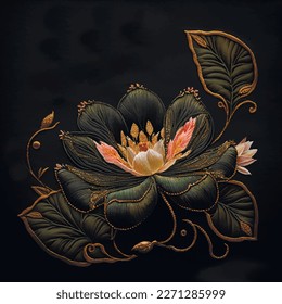 3d lotus. Tapestry colorful lotus flower leaves pattern. Embroidery floral vector background illustration with beautiful stitch textured exotic lotus flower. Stitching lines surface texture. Applique.