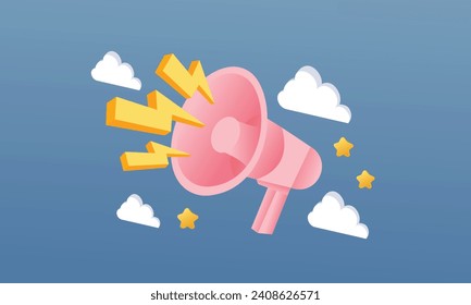 3D Loudspeaker with lightning with clouds and stars around. Marketing or advertising concept, 3d megaphone loudspeaker with yellow lightnings. 3d goal for technology,online social media usage.