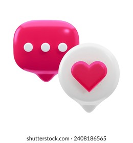 3d love chat bubble icon vector. 3d render illustration of pink color comment cloud with approval heart isolated on the white background. Modern cartoon design. Social media chatting, dreaming concept