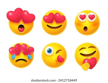 3d love emoji. Realistic emojis mood face with hearts in eyes heart fun emoticon enjoy lovers happy feelings romantic smile expression cartoon emoticons vector illustration of emoji emotion expression