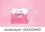 3d love envelope with gift voucher. Happy valentine's day concept. Special offer coupon.