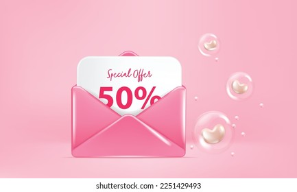 3d love envelope with gift voucher. Happy valentine's day concept. Special offer coupon.