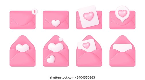 3d love envelope. Mail envelopes wedding invitation or love letters on valentine day, send message heart emoji design notice greeting open email, render nowaday vector illustration of mail valentine 3