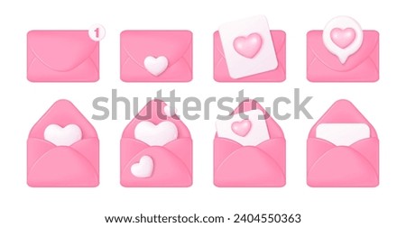 3d love envelope. Mail envelopes wedding invitation or love letters on valentine day, send message heart emoji design notice greeting open email, render nowaday vector illustration of mail valentine 3