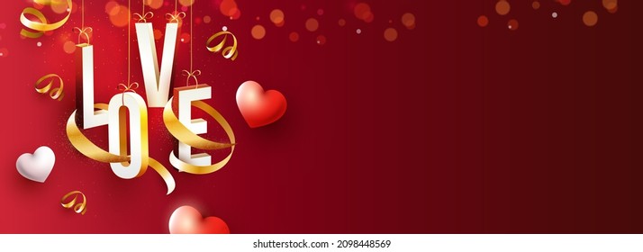 3D Love Font Hang With Golden Curl Ribbons And 3D Hearts On Red Bokeh Background.