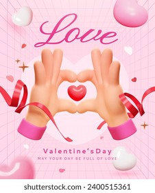 3D love hand gesture Valentine day poster with festive decors on light pink grid background.