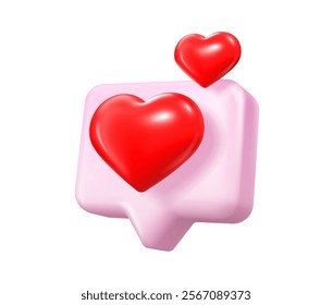 3d love heart bubble icon, social media message. Isolated speech bubble with red hearts emerging, symbolizing love, digital communication, social engagement, online connection and positive reactions