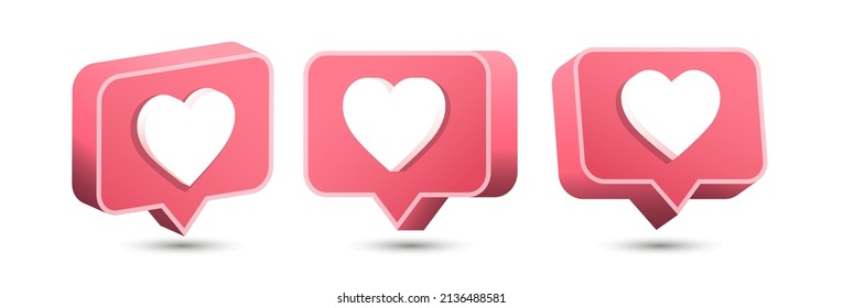 3D love heart icon rectangle speech bubble design vector illustration set collection. Online social communication concept, message, likes, notification. Romance valentine art.