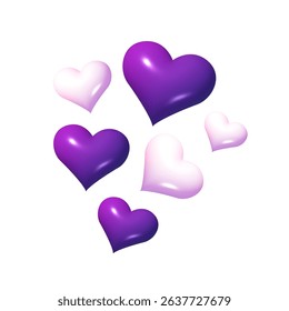 3d love hearts floating concept. Cute realistic glossy heart in purple and white color. 