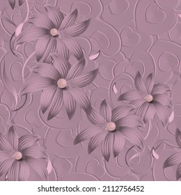 3d love hearts floral seamless pattern. Surface relief 3d flowers, leaves, pearls,  love heart ornament with embossing effect. Embossed 3d backgroun. Textured design with emboss love hearts, flowers. 