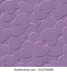 3d love hearts seamless pattern. Surface relief 3d love ornaments with embossing effect. Embossed 3d background in lilac color. Textured design with emboss love hearts. Vector ornate endless texture.