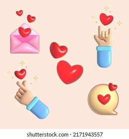 3D Love icon set, heart, mini heart, bubble chat, letter love vector design