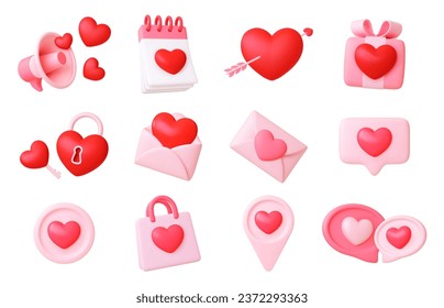 3d love icons. Social media various symbols with hearts. Message, megaphone and speech bubbles. Valentines day, wedding, romantic pithy vector set