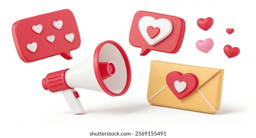 3d love icons. Social media various symbols with hearts. Message, megaphone and speech bubbles. Valentines day, wedding, romantic pithy vector set of icon love heart symbol.vector illustration on whit