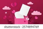 3d love letter composition - pink envelope with blank white papers, papercut hearts, clouds in rose colors, decorative leaves on burgundy background. Mothers or Valentine day greeting card design.