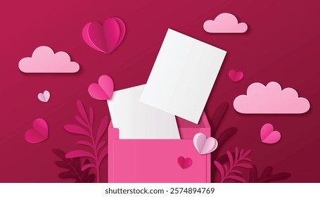 3d love letter composition - pink envelope with blank white papers, papercut hearts, clouds in rose colors, decorative leaves on burgundy background. Mothers or Valentine day greeting card design.