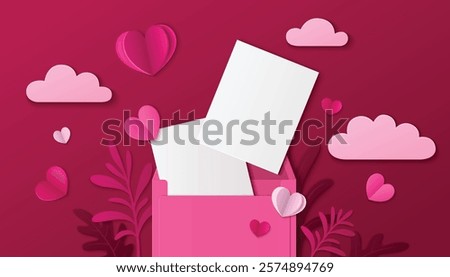 3d love letter composition - pink envelope with blank white papers, papercut hearts, clouds in rose colors, decorative leaves on burgundy background. Mothers or Valentine day greeting card design.