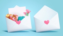 3d Love Letter Envelopes Isolated On Light Blue Background. One With Heart Shape, Gifts And Rose Flower And The Other Without.
