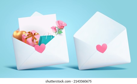 3d love letter envelopes isolated on light blue background. One with heart shape, gifts and rose flower and the other without.