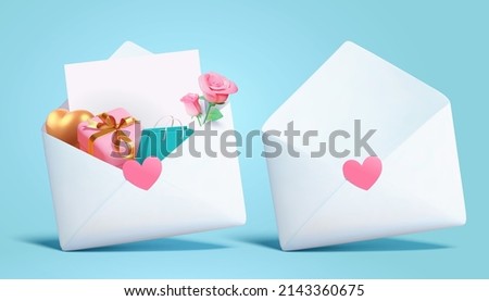 3d love letter envelopes isolated on light blue background. One with heart shape, gifts and rose flower and the other without.