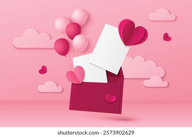 3d love letter on pink background with blank white post card inside red envelope decorated by floating papercut hearts, balloons and fluffy clouds. Greeting message mockup for Valentine or Mother day.