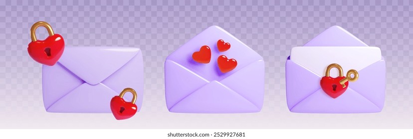 Carta de amor en 3D. Icono púrpura del correo del corazón para el mensaje del regalo del día de San Valentín. Abra el sobre de correo electrónico con bloqueo de almohadilla para una Plantilla segura. Lindo elemento de nota de boda postal con diseño de ilustración de saludo