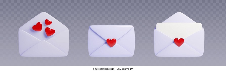 3d love letter set for St Valentine day. Cartoon realistic vector illustration of closed and open pastel blue paper envelope with red heart shapes and white blank card. Cute romantic post mail.