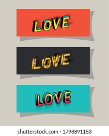 3d love lettering set on red gray and blue backgrounds design, typography retro and comic theme Vector illustration