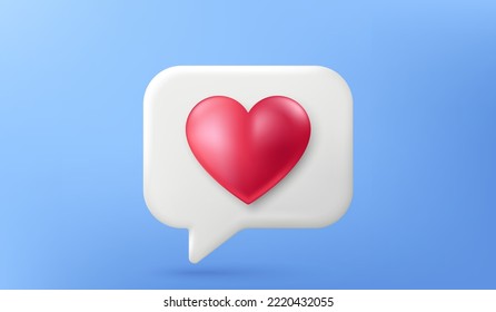 3d love like icon. Notification chat bubble with heart isolated on blue background. Favorite message, best feedback and 3d follow chat box. Love heart bubble. Social media comment. Vector