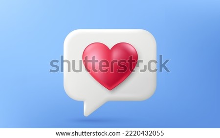 3d love like icon. Notification chat bubble with heart isolated on blue background. Favorite message, best feedback and 3d follow chat box. Love heart bubble. Social media comment. Vector