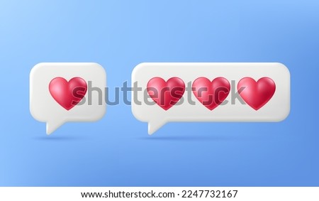 3d love like icon. Notification chat bubble with heart isolated on blue background. Favorite message, best feedback and 3d follow chat box. Love heart bubble. Social media comment. Vector