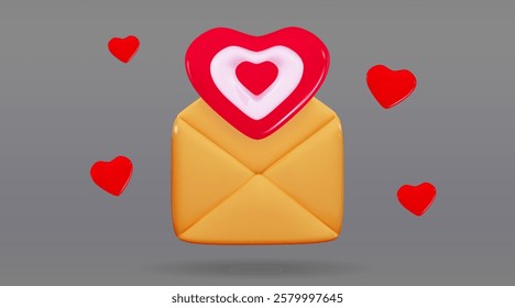 3d Love message envelope Romantic mail Valentine Day messenger symbol Vector realistic illustration of letters open with heart shape signs 