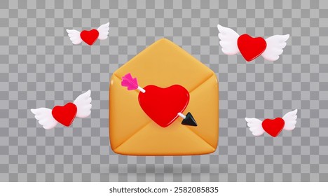 3d Love message envelope Romantic mail Valentine Day messenger symbol Vector realistic illustration of letters open with flying heart-shaped signs and an arrow